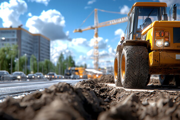 Fototapeta premium Construction zone heavy machinery and urban development under a bright sky