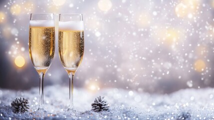 Naklejka premium Two elegant flutes filled with sparkling champagne sit on a snowy surface, surrounded by a soft winter ambiance and warm bokeh lights, creating a festive atmosphere perfect for celebration.