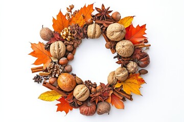 Composition with dried autumn leaves, berries and flowers on a white background. Autumn, thanksgiving concept. Flat lay, top view, copy space.