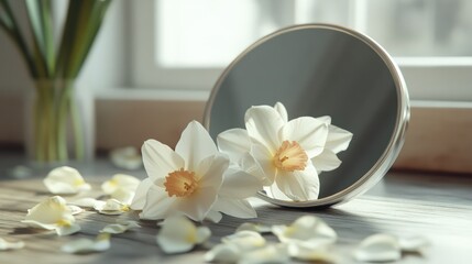 Fototapeta premium Narcissus flower reflecting fallen petals in the mirror. Change, transformation minimal conceptual background.