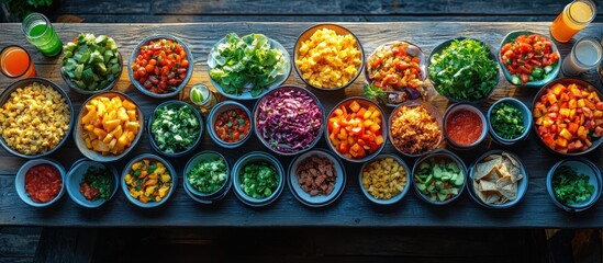 A vibrant spread of fresh ingredients arranged for a communal meal preparation.
