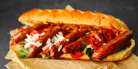 hot dog sausages, bun, sauce fast food dish fresh gourmet food background on the table rustic food top view copy space