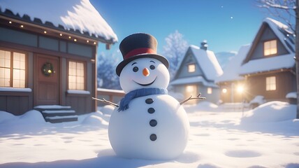 Obraz premium Happy snowman standing in a snowy village during winter morning