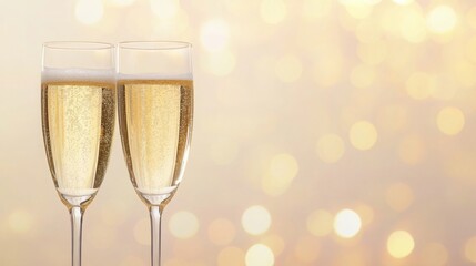 Two champagne glasses filled with bubbly drink are clinking together, creating a festive atmosphere against a backdrop of shimmering golden lights. This captures a moment of joy and celebration.