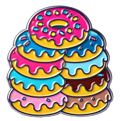 Donut stack enamel pin with colorful glaze and sprinkles, retro dessert design, isolated on transparent background, PNG.