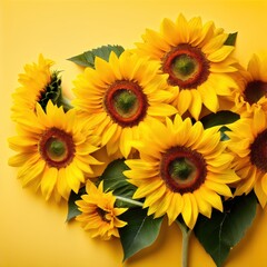 Obraz premium A vibrant arrangement of sunflowers against a bright yellow background.