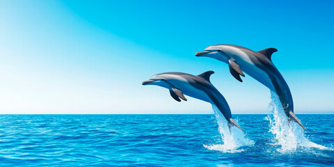 Two dolphins leaping gracefully above ocean waves, symbolizing freedom and joy, ideal for wildlife conservation themes and aquatic adventures