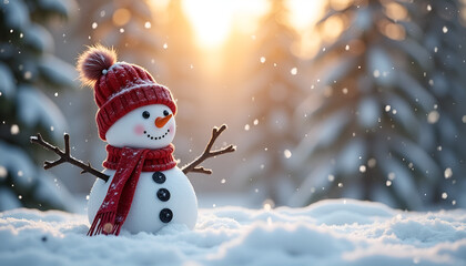 Obraz premium Cheerful snowman wearing a red hat and scarf in a snowy landscape during sunset