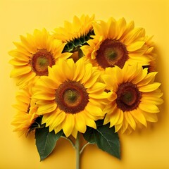 Fototapeta premium A vibrant arrangement of sunflowers against a bright yellow background.