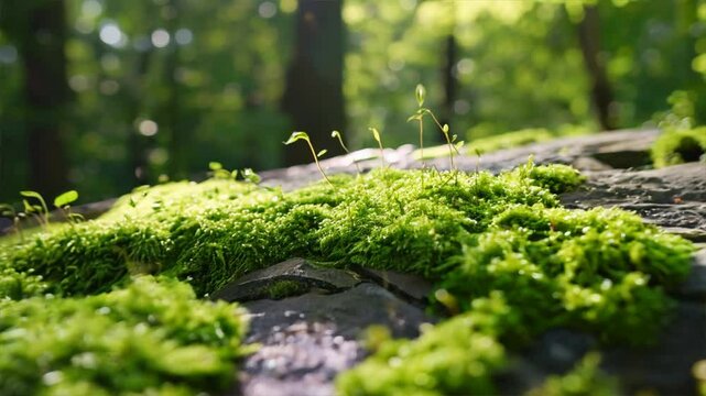 Lush green moss and vibrant plants thrive on rocky surfaces, creating serene forest atmosphere where sunlight filters through trees, showcasing natures growth and beauty.