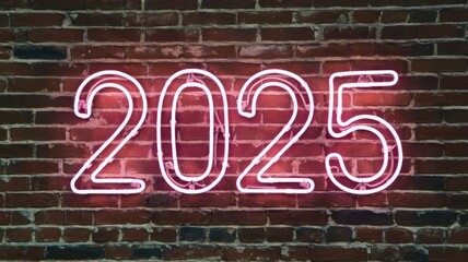 Obraz premium Neon Sign Displaying the Year 2025 on a Brick Wall