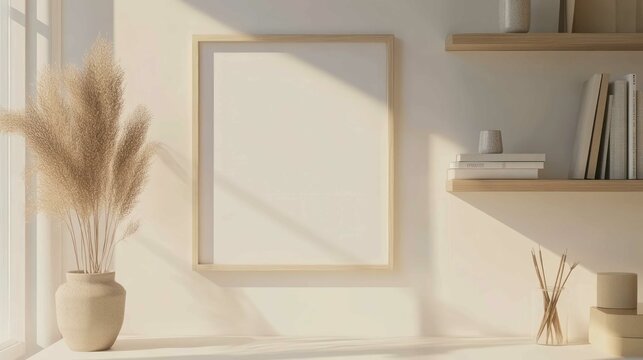 A simple blank frame mockup on the wall of a home office, with minimalist decor and organized shelves
