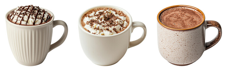Obraz premium Hot Chocolate Mugs Set with Different Decorative Elements, isolated on transparent background, suitable for cafe advertisements, holiday recipe cards, or beverage menus