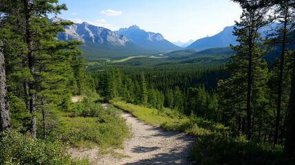 Obraz premium A winding path through a lush forest leads to a breathtaking view of a valley surrounded by majestic mountains.