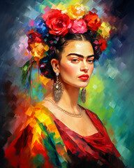 Colorful artistic portrait of a woman wearing a floral crown and bold earrings, set against a vibrant, abstract background of vivid hues