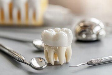 A dental model representing a human tooth sits on a table with dental instruments nearby in a clinical setting, highlighting professional dental care