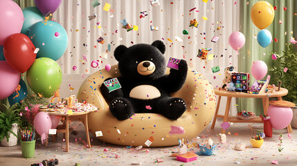 Sarcastic baby bear playing video games, surreal 3D cartoon style, cozy living room with floating elements and abstract bold colors 