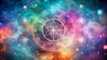 Fototapeta premium Mystical cosmic pentagram with colorful galaxy background, abstract digital art, spiritual concept, copy space 
