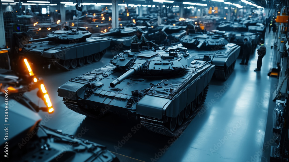 Wall mural workers assemble modern tanks in a military factory. tank manufacturing process in a military factor