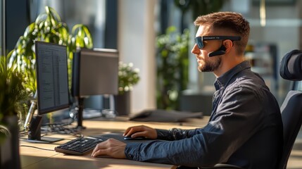 A person with a visual impairment using assistive technology such as a screen reader or braille display in a supportive office environment. productivity tools. Ultra realistic. Photorealistic
