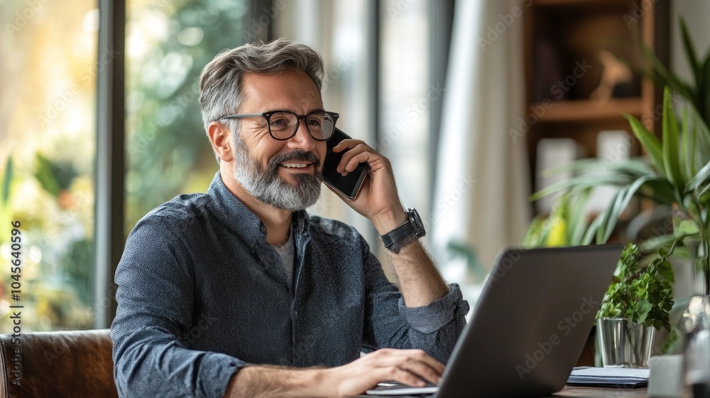 Poster a man is talking on his cell phone while sitting at a desk with a laptop