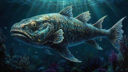 Fototapeta premium Large Detailed Fish Swimming Through Vibrant Coral Reefs in a Serene Underwater Setting