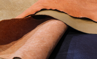background of many leather and colored leather scraps of various sizes for sale
