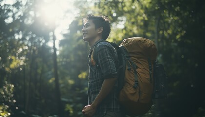 Adventurous Asian Male Backpacker In Forest Woods: Exploring Solo And Having Fun During Holiday Vacation Trip