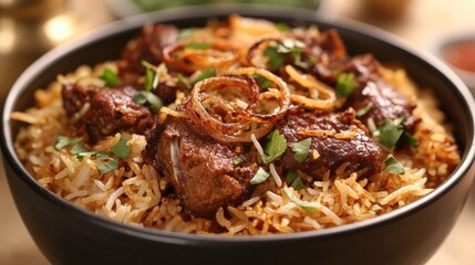 Fototapeta premium Delicious Bowl of Aromatic Rice and Tender Meat
