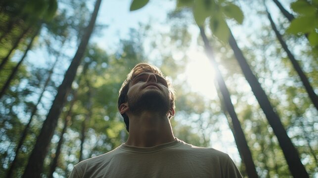 A man is standing in a forest, looking up at the sky