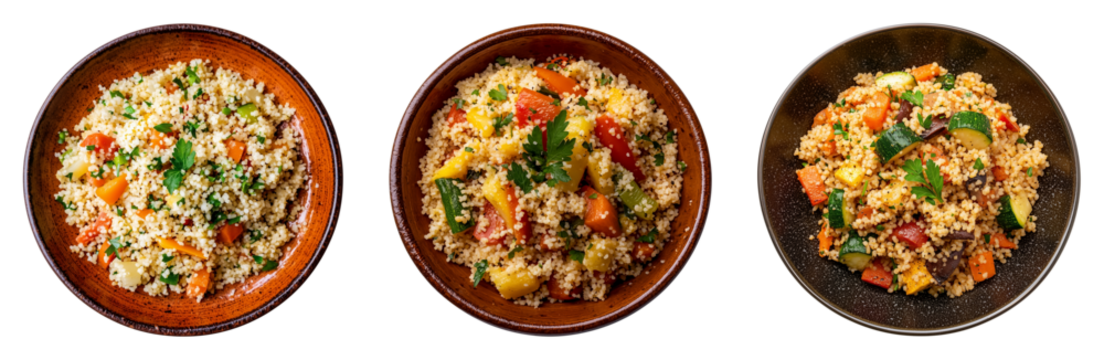Rustic Plates of Cooked Couscous with Vegetables, Isolated on Transparent Background, Ideal for Vegan Food Guides, Mediterranean Cooking Classes, Nutrition Brochures