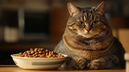 Cat Sitting by Bowl of Food with Serious Expression