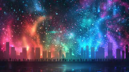 Obraz premium Crowd celebrating with fireworks over city skyline under colorful night sky