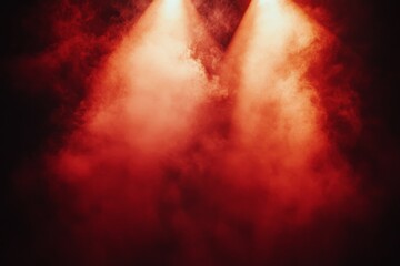 Fototapeta premium Bright red stage lights illuminate smoky atmosphere in a dramatic performance setting