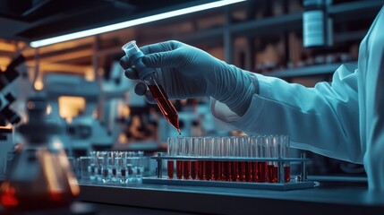 Technician holding blood tube test in the research laboratory / doctor hand taking a blood sample tube from a rack with machines of analysis in the lab background.