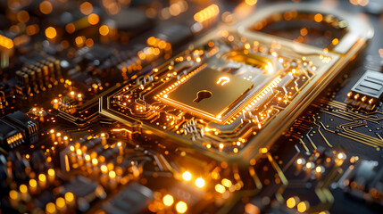 Golden padlock with integrated electronic circuits, password security technology for fraud prevention and confidential data network