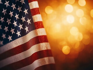 Obraz premium Illuminated American Flag with Warm Bokeh Background