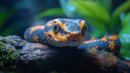 Fototapeta premium Reptile pets care and display. Featuring snakes, lizards, and terrariums. Emphasizing proper care and showcasing beauty. Ideal for reptile enthusiasts and pet care guides. Snakes coiled on branches.