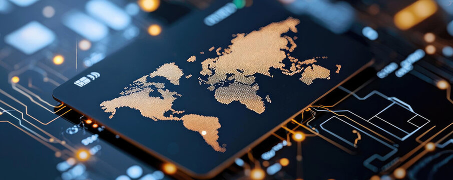A modern credit card with a world map design, set against a high-tech digital background, symbolizing global finance and technology.