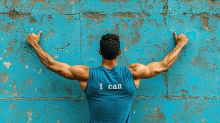 A muscular individual stands against a textured blue wall, showcasing determination with the phrase "I can" on their shirt.