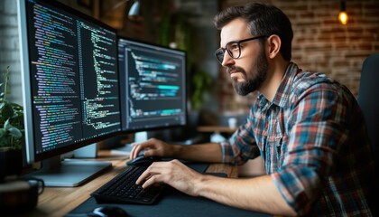 Software Developer Programming Source Code Algorithm On Computer, Typing Server Data In Agency Office. Database Programmer Working On New User Interface With Online System To Create Algorithm.