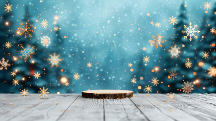 Winter scene with wooden podium, falling snowflakes, and glowing bokeh lights