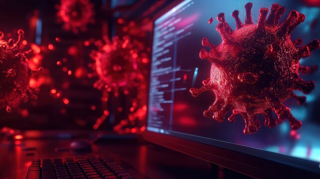 Virus warning alert on computer screen detected modish cyber threat , hacker, computer virus and malware