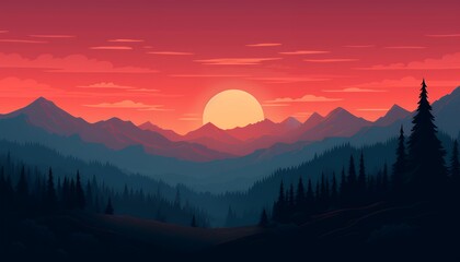 Stunning Sunset Over Mountain Range with Pine Trees