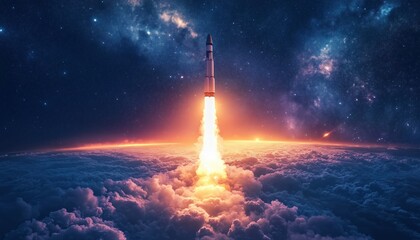 Innovative Rocket Launches Into Night Sky For Space Exploration And Travel. Creative Idea With Free Space For Text And Design. Successful Spaceship Launch.