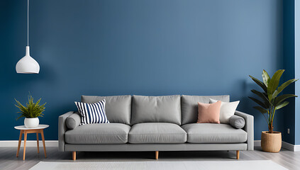 grey sofa sits shelf front blue wall modern living room scandinavian style decor