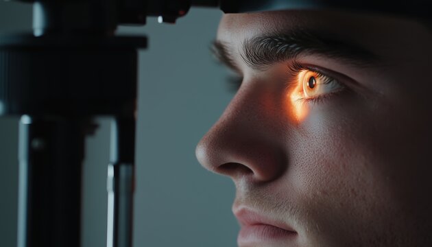 Stylish Man Undergoing Eye Examination At Ophthalmology Clinic. Close-Up View Of Male Retina Being Examined By A Specialist.