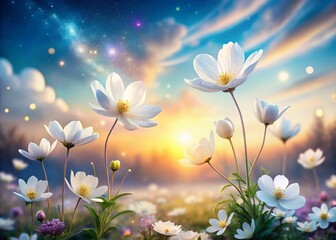 Dreamy Spring Blossoms: Surreal White Flower Landscape in a Whimsical Setting