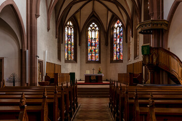 Explore the Serene Interior of a Nave, Featuring a Glimpse of the Altar, Pulpit on the Right, and...