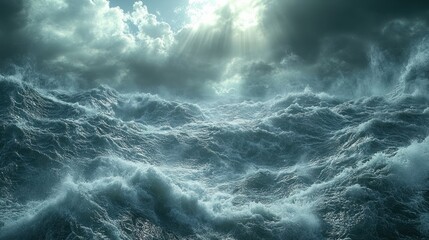 A dramatic seascape with stormy waves and sunlight breaking through the dark clouds.